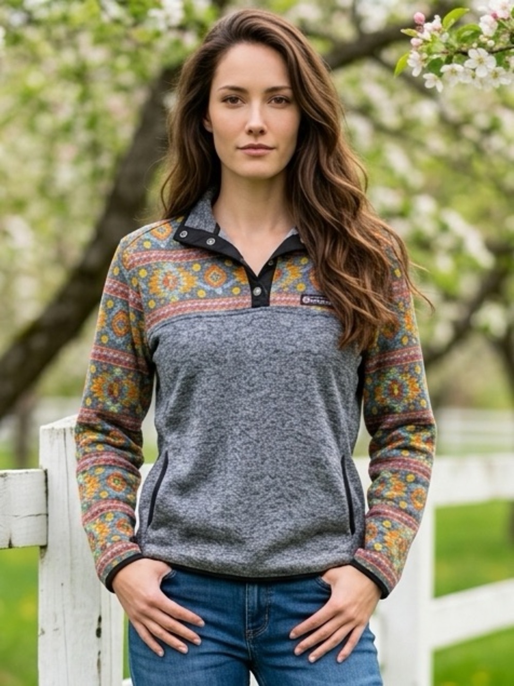 Simply Southern Collection Women's Gray Aztec Mock Neck Snap Pocket Sweatshirt M